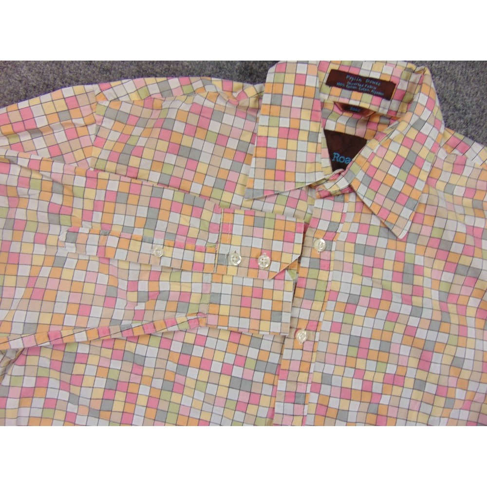 Roar Button Down Shirt Men Large Poplin Douce Multicolor Grid Print Casual Retro
